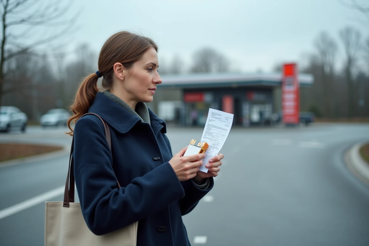 Femme avec une cartouche de cigarettes achetée en Allemagne près d'une station-service
