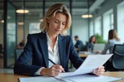 Femme d'affaires examinant un contrat d'acompte dans un bureau moderne