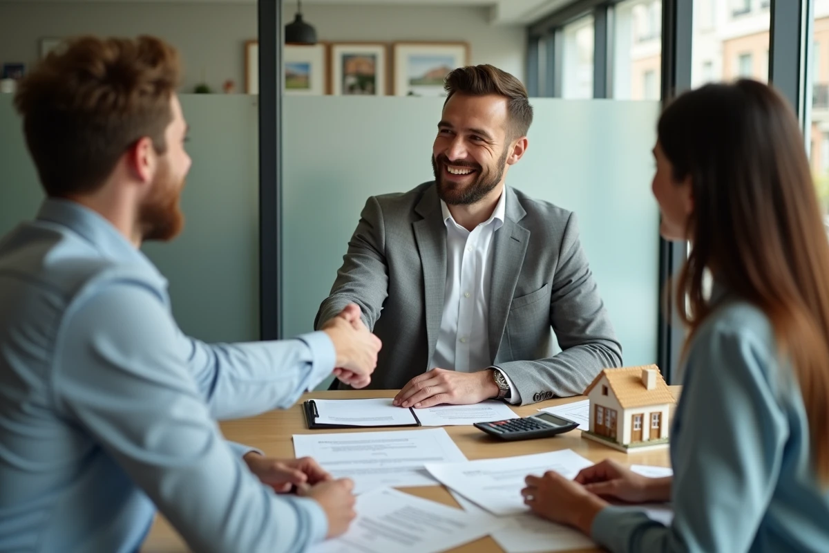 Agent immobilier et clients signant un accord d'acompte lors d'une transaction immobilière
