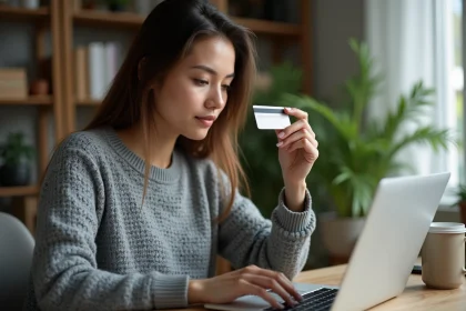 Femme activant le securecode de sa carte bancaire sur un ordinateur portable à son bureau