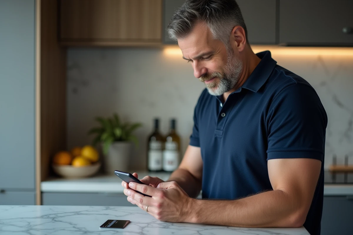 Homme consultant son smartphone pour activer le securecode de sa banque dans sa cuisine