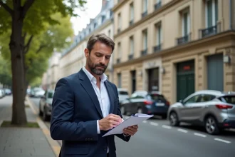 Agent immobilier devant un immeuble résidentiel à vendre en ville, symbolisant les perspectives du marché immobilier