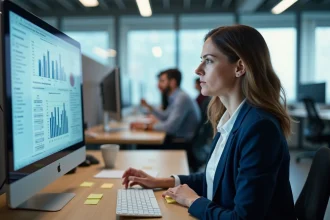 Femme analyste en blazer marine étudiant des graphiques de concurrence sur un grand écran dans un bureau moderne