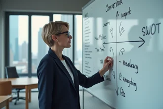 Femme professionnelle réalisant une analyse concurrentielle sur un tableau blanc dans un bureau moderne