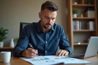 Homme d'affaires analysant des graphiques financiers et des documents sur les intérêts bancaires à son bureau