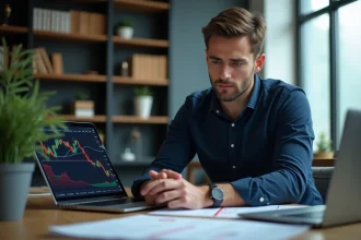Homme analysant des graphiques de cryptomonnaie sur son ordinateur portable dans un bureau à domicile
