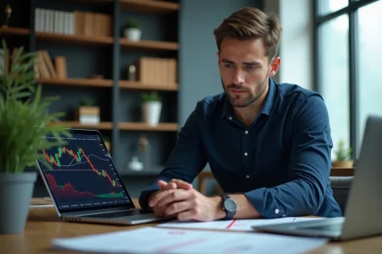 Homme analysant des graphiques de cryptomonnaie sur son ordinateur portable dans un bureau à domicile