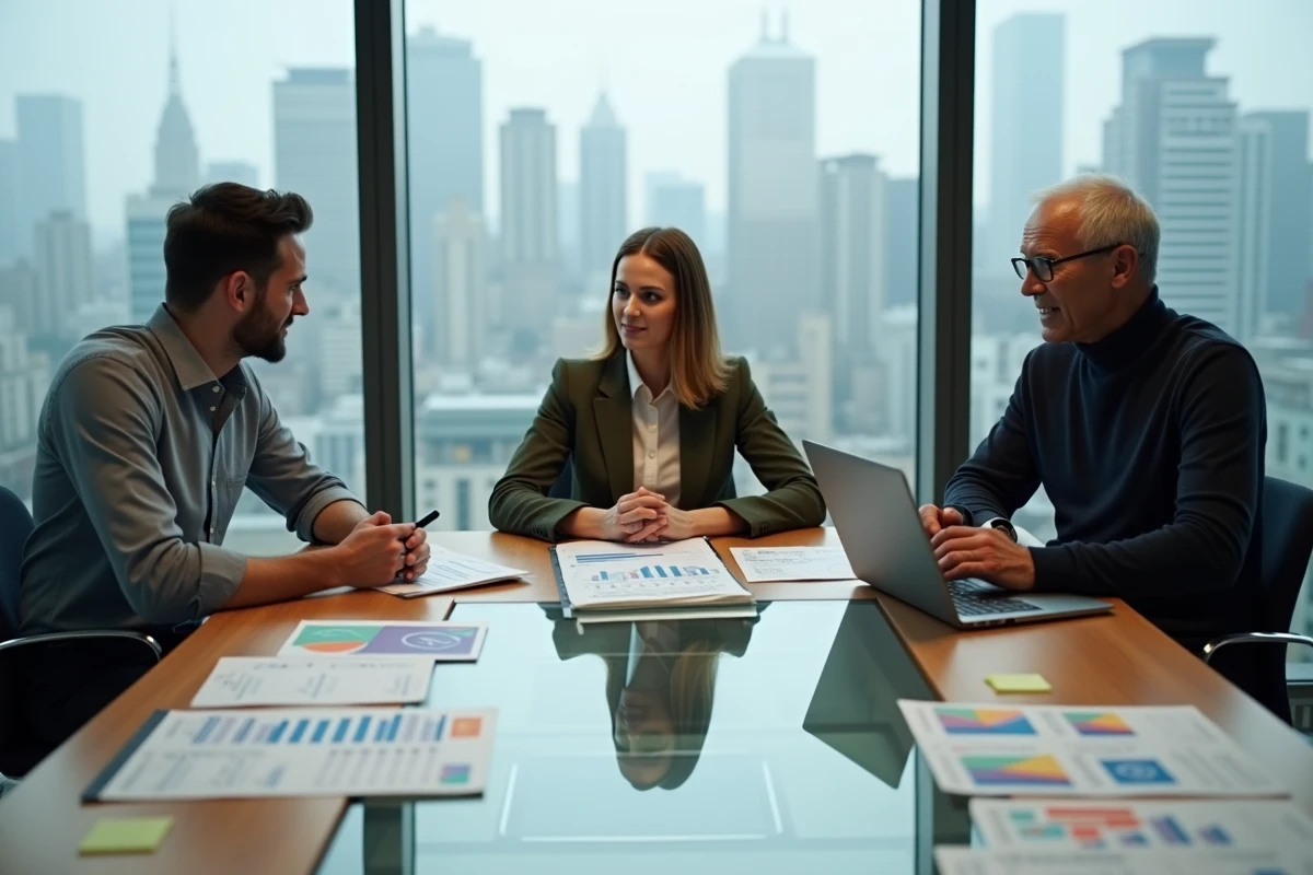 Équipe de professionnels analysant des méthodes de création de valeur ajoutée autour d'une table de réunion