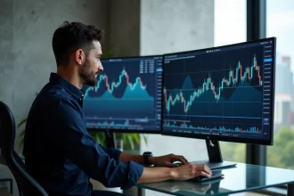 Homme analysant des graphiques ICO et des données de cryptomonnaie sur deux écrans dans un bureau moderne