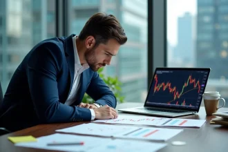 Analyste financier étudiant des graphiques de cryptomonnaies sur un bureau en bois sombre avec un ordinateur portable
