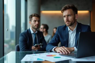 Analyste financier étudiant l'avenir de Binance sur un écran de trading dans un bureau moderne de fintech