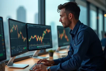 Analyste financier masculin étudiant les graphiques du cours du Bitcoin sur des écrans d'ordinateur dans un bureau moderne avec vue sur la ville