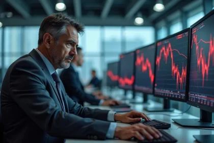 Analyste financier inquiet devant des écrans affichant la chute du Dow Jones en bourse