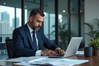 Analyste financier étudiant les performances d'un ETF sur l'or sur son ordinateur dans un bureau moderne