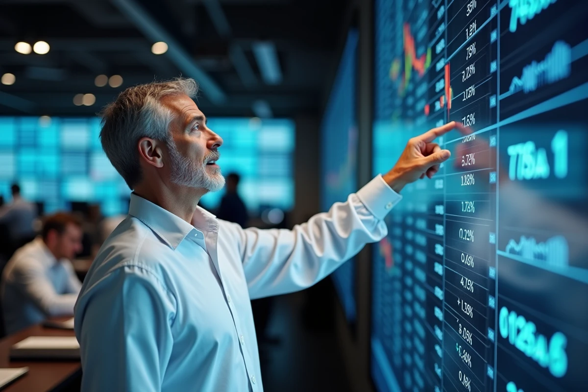 Un analyste financier présente l'évolution des taux d'intérêt devant un tableau de bord économique en temps réel