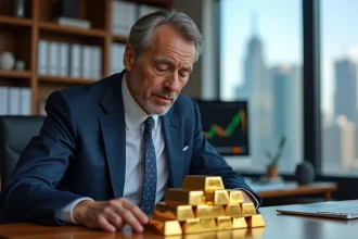 Analyste financier examinant des lingots d'or dans un bureau moderne, illustrant la question de la perte de valeur de l'or