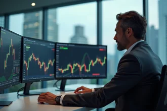 Analyste financier étudiant les prévisions du S&P 500 sur des écrans de trading en bureau moderne