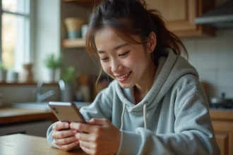 Jeune femme consultant une application mobile de prêt instantané de 20 dollars sur son smartphone dans sa cuisine