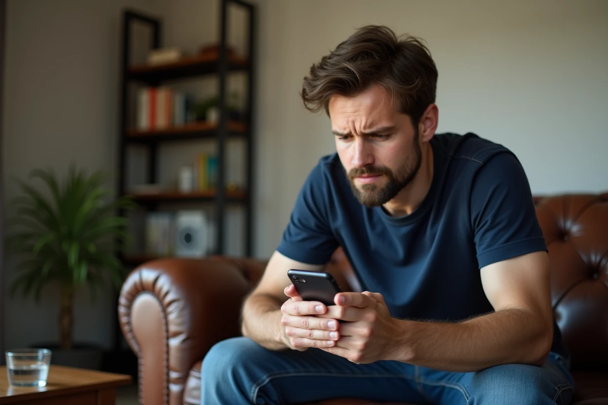 Homme sur un canapé utilisant une application pour emprunter 20 dollars rapidement sur son téléphone portable