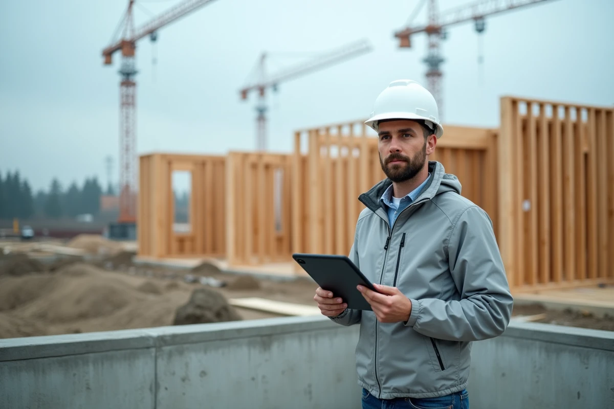 Architecte sur un chantier de construction neuve avec fondation en béton et charpente en bois en 2026