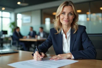 Femme cheffe d'entreprise signant un contrat d'assurance obligatoire dans un bureau professionnel moderne