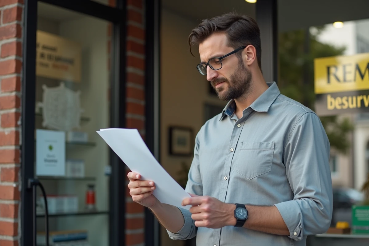 Chef d'une petite entreprise examinant ses obligations d'assurance professionnelle devant son commerce