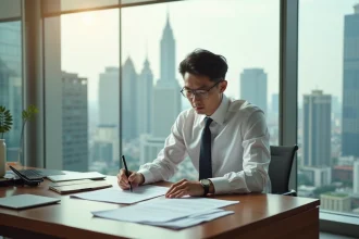 Banquier thaïlandais consultant des documents financiers dans un bureau moderne de Bangkok avec vue sur la skyline