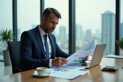 Entrepreneur analysant les bénéfices et résultats financiers de son entreprise dans un bureau moderne