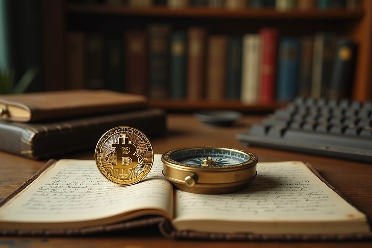 Boussole vintage et médaillon bitcoin doré posés sur un bureau en bois ancien entouré de notes manuscrites, symbolisant l'obsolescence technologique et l'avenir incertain du bitcoin