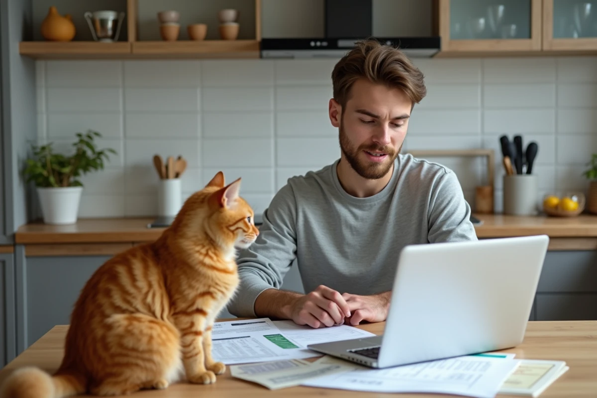 Homme consultant des documents d'assurance pour chat et des factures vétérinaires avec un chat roux assis près d'un ordinateur portable