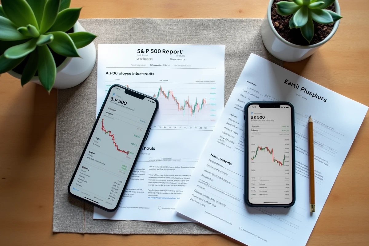 Vue aérienne d'un bureau avec rapport S&P 500, application de trading et notes d'investissement