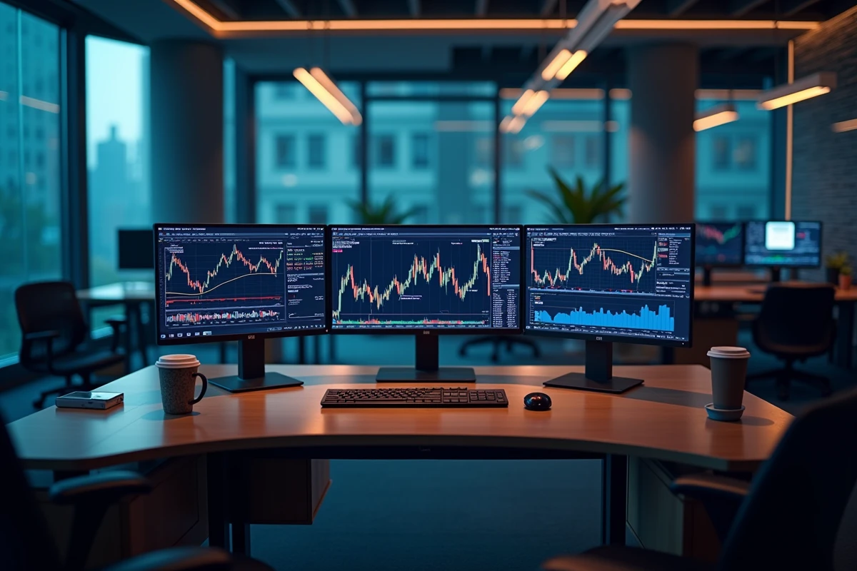 Bureau de trading avec plusieurs écrans affichant des graphiques de cryptomonnaies et l'interface d'une plateforme d'échange comme Binance, illustrant la structure opérationnelle d'une bourse crypto