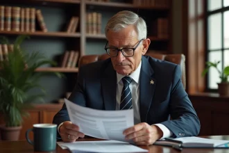 Cadre retraité en costume marine consultant ses documents de pension à son bureau
