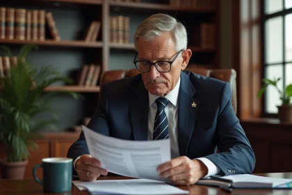 Cadre retraité en costume marine consultant ses documents de pension à son bureau