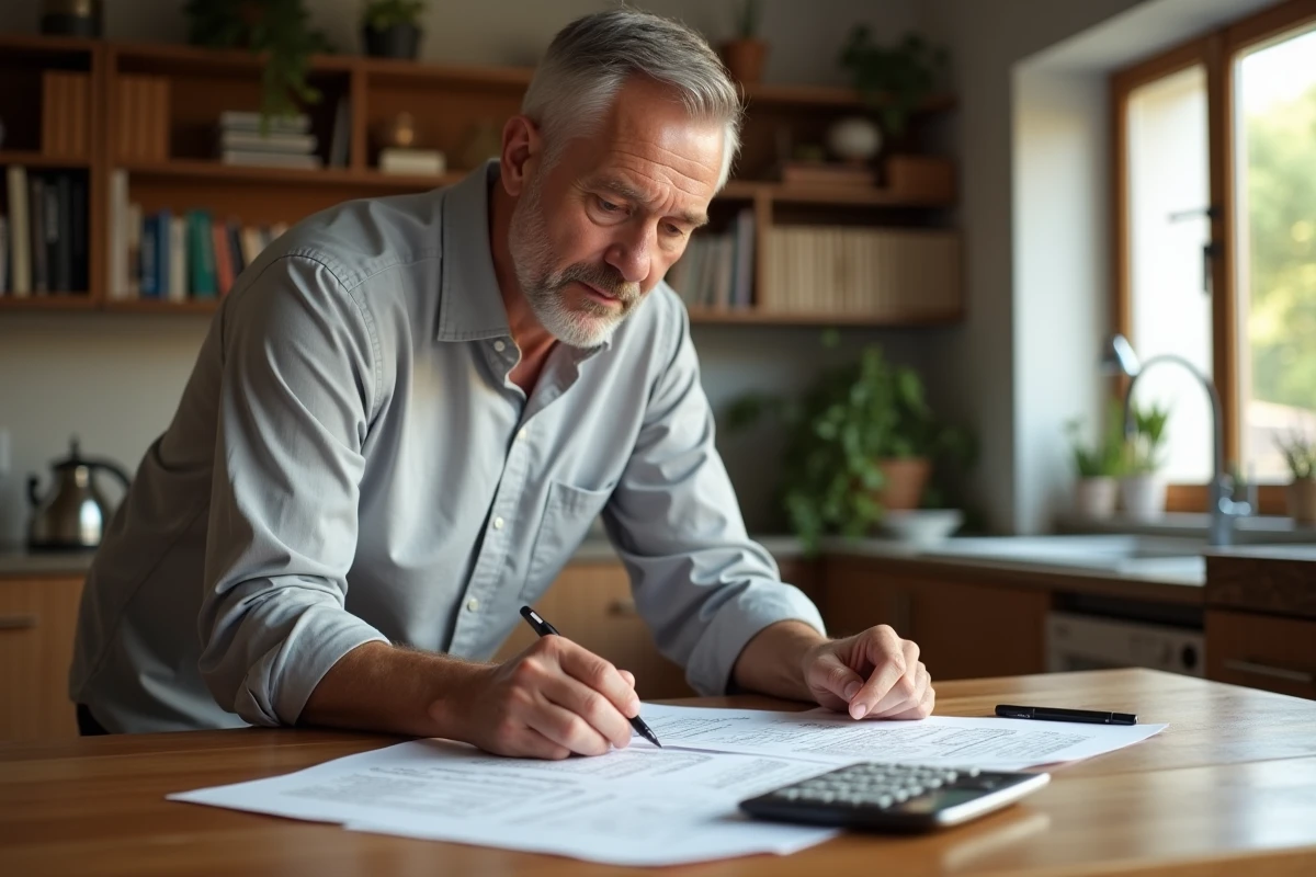 Homme calculant la capitalisation d'un montant financier avec des documents et une calculatrice à domicile