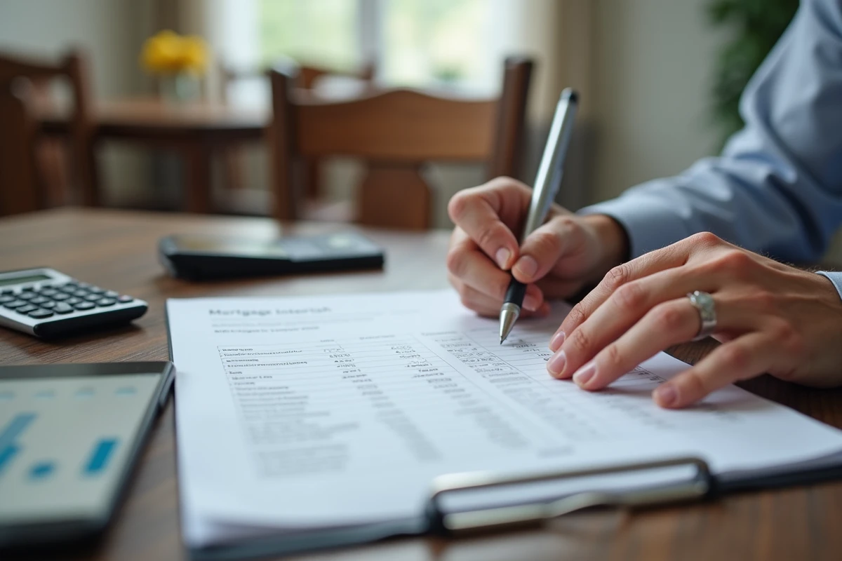 Gros plan de mains annotant un tableau d'amortissement des intérêts d'un prêt relais immobilier avec calculatrice et application bancaire