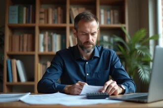 Homme consultant des documents financiers pour calculer la rente de son PEA sur un bureau en bois