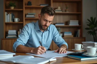Homme calculant un taux d'intérêt sur un bloc-notes dans un bureau à domicile avec calculatrice et livres de finance