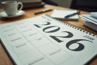 Calendrier 2026 posé sur un bureau en bois avec des papiers et un stylo, vue en plongée