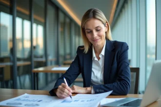 Femme professionnelle analysant des documents financiers pour capitaliser un montant dans un bureau moderne