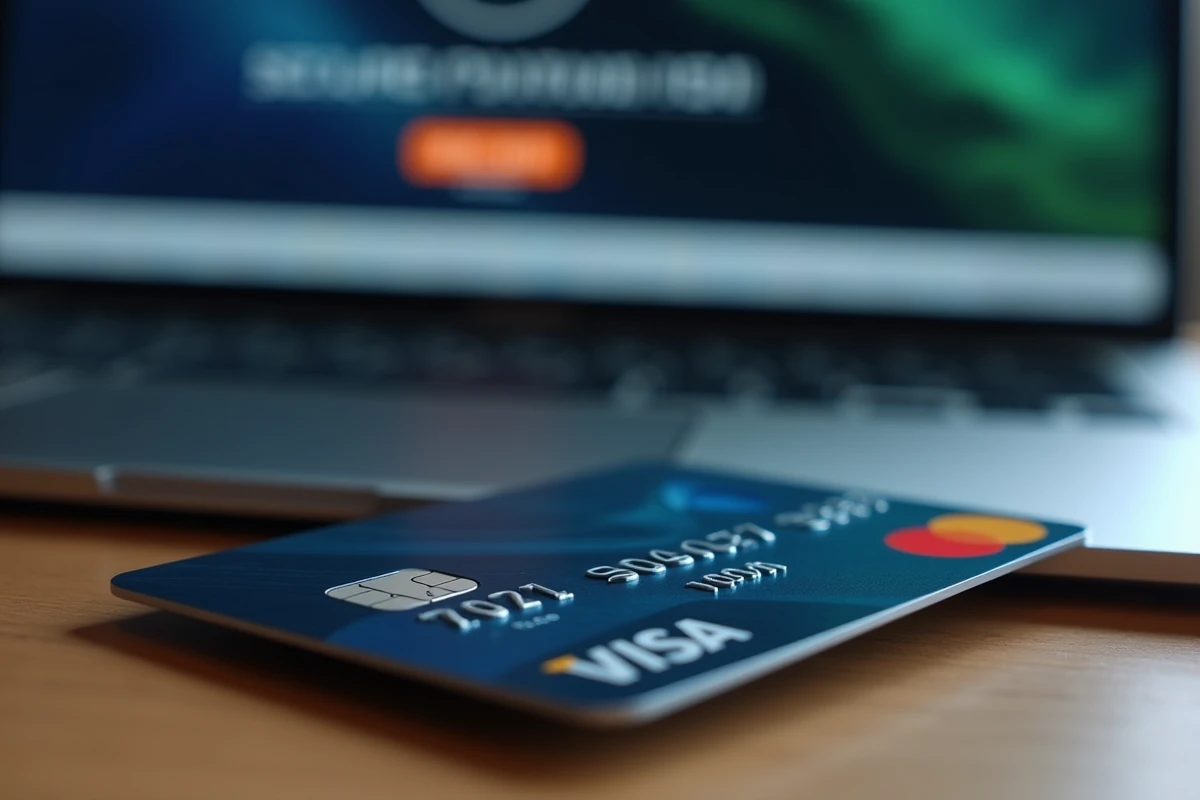 Carte Visa posée sur un bureau en bois à côté d'un clavier avec une page de paiement 3D Secure affichée