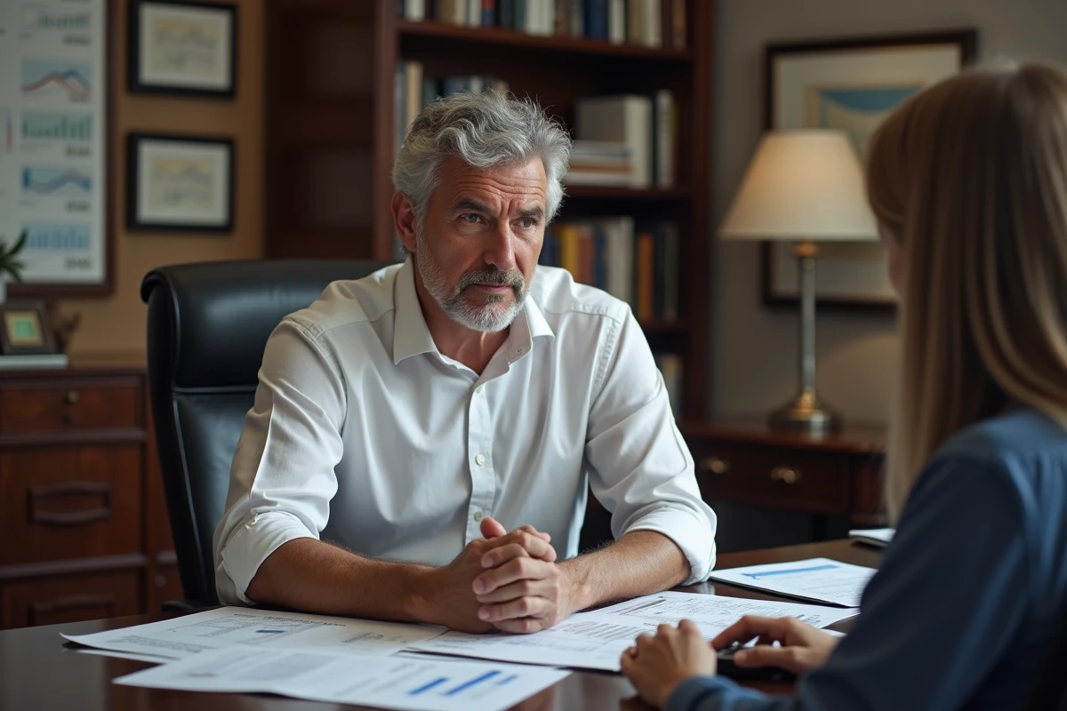 Client discutant du taux de son prêt conventionné avec un conseiller financier