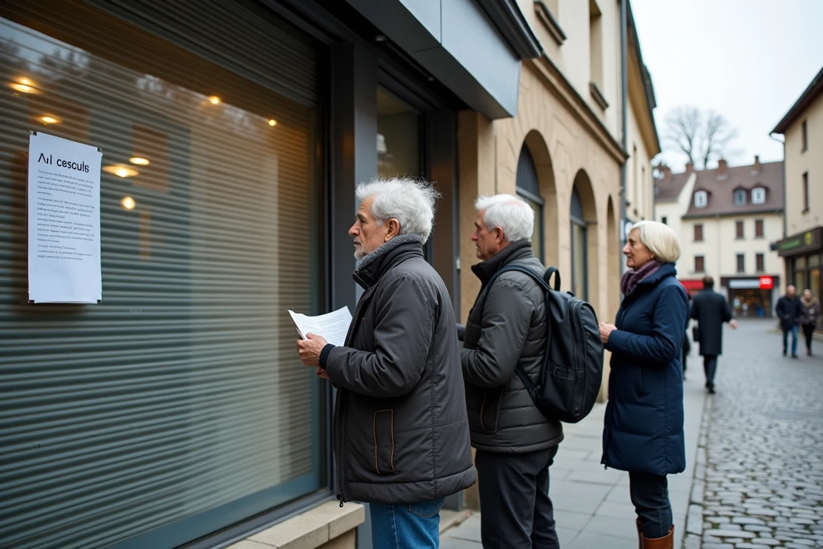 File d'attente de clients devant une agence bancaire fermée dans une ville de province française