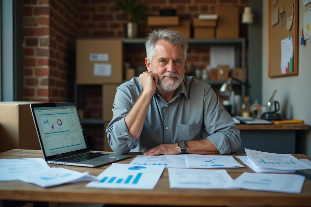 Petit commerçant stressé face à ses factures et graphiques financiers, évoquant les défis économiques de l'inflation et de la déflation