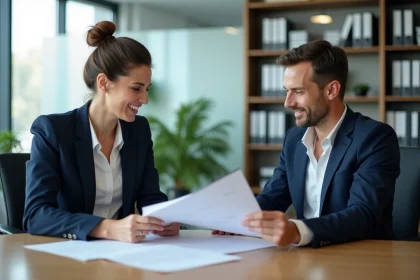 Une femme en costume marine consulte un conseiller en assurance dans un bureau moderne, comparant des contrats d'assurance fiables