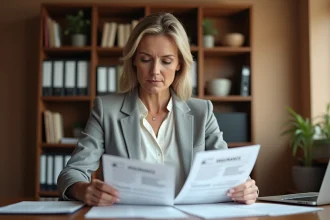 Femme comparant deux contrats de mutuelle santé posés côte à côte sur un bureau en bois à domicile