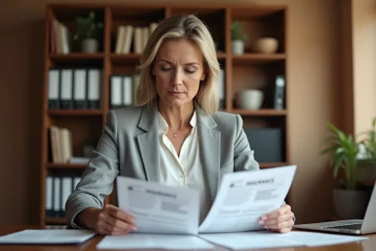 Femme comparant deux contrats de mutuelle santé posés côte à côte sur un bureau en bois à domicile