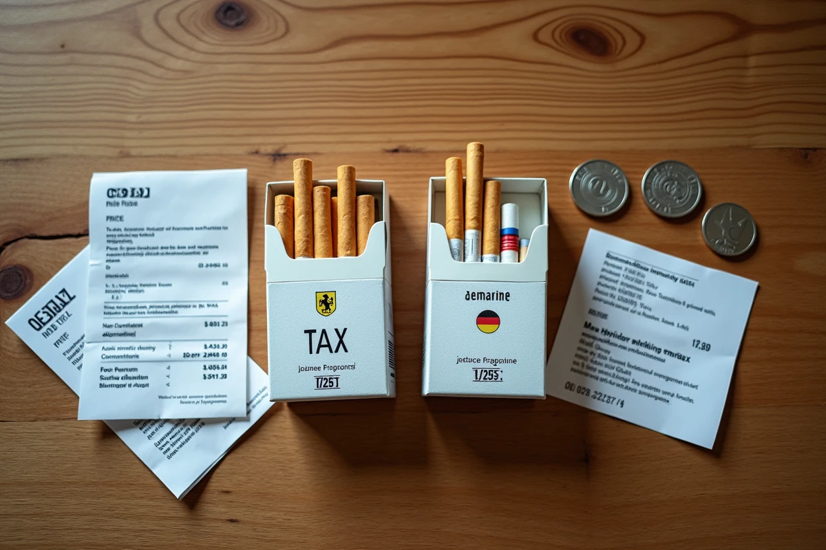 Comparaison de prix entre paquets de cigarettes français et allemands sur une table en bois