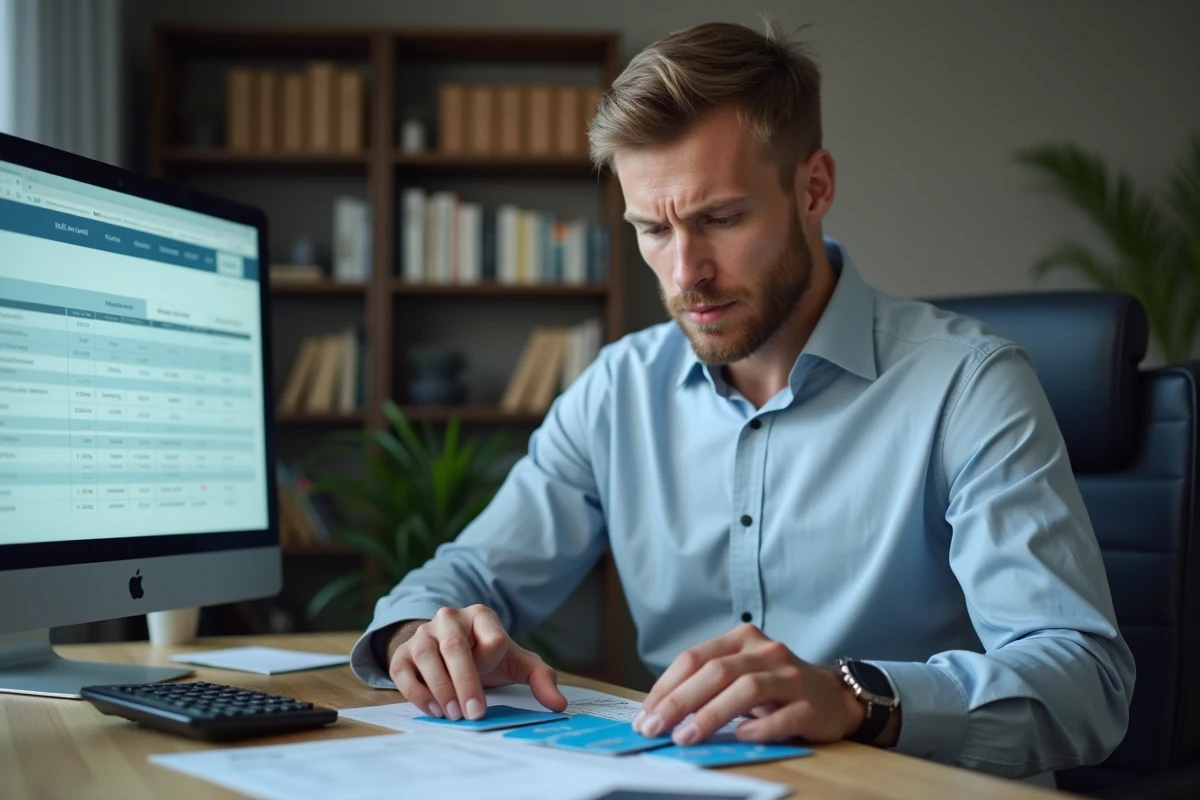 Homme comparant ses cartes de crédit et taux d'intérêt pour optimiser sa stratégie de remboursement de dettes