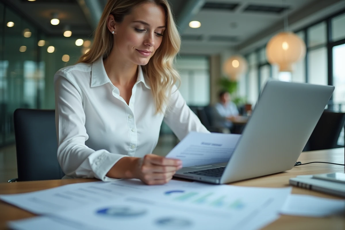 Comptable d'entreprise analysant les obligations fiscales liées à la taxe carbone dans un bureau moderne